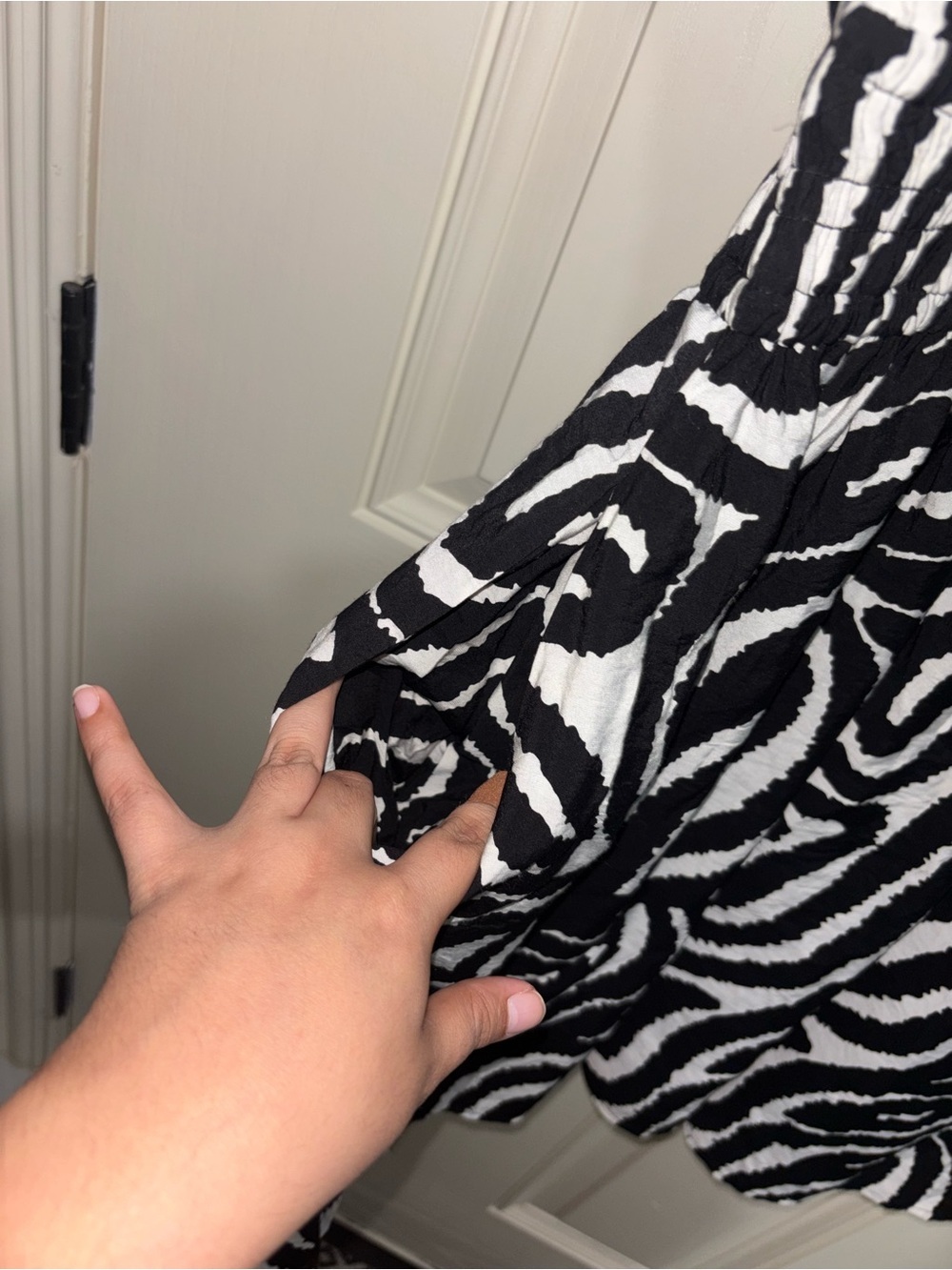 Black & White Swirl V-Neck Drawstring Dress - Picture 6 of 9